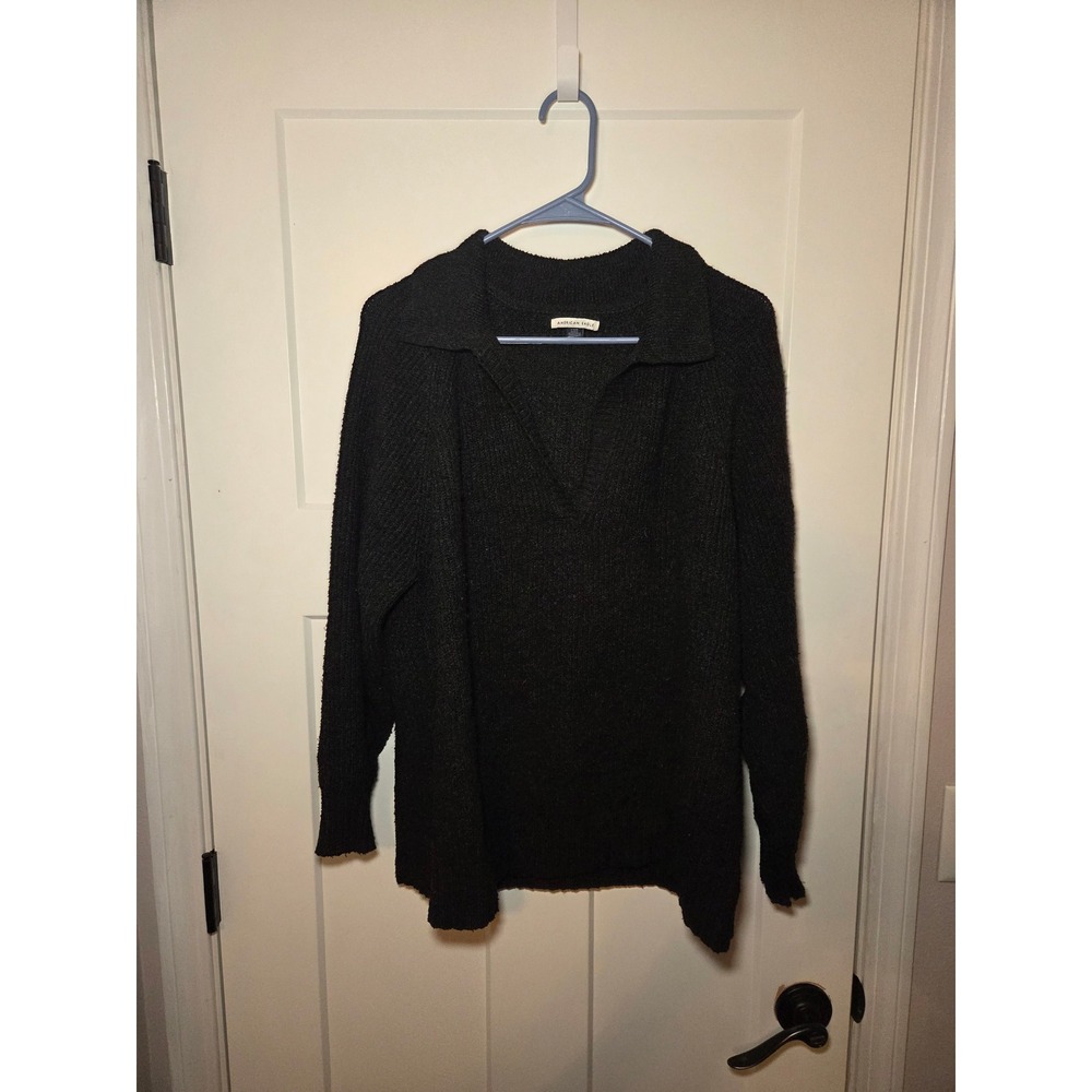 American Eagle Oversized Polo Collar V-Neck Knit Sweater Charcoal Black Large